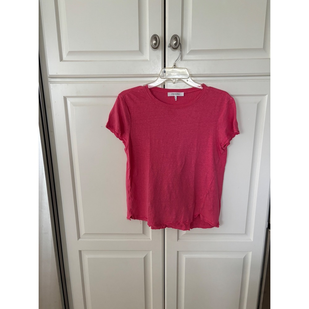 Frame Denim Organic Linen Raw Edge T-Shirt Flamingo Pink LWTS1068 Small